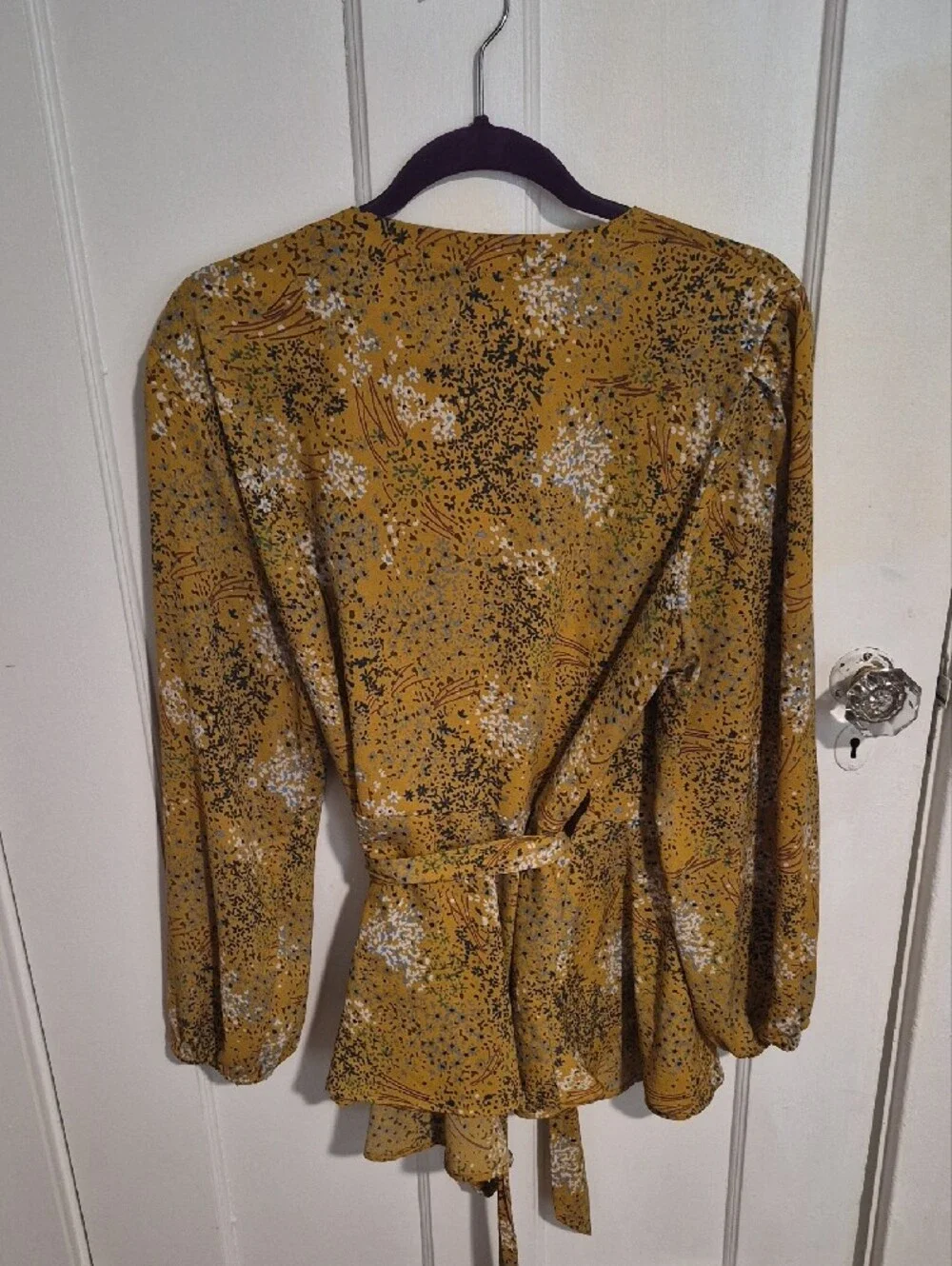LOFT Mustard Floral Tie-Waist Wrap Top